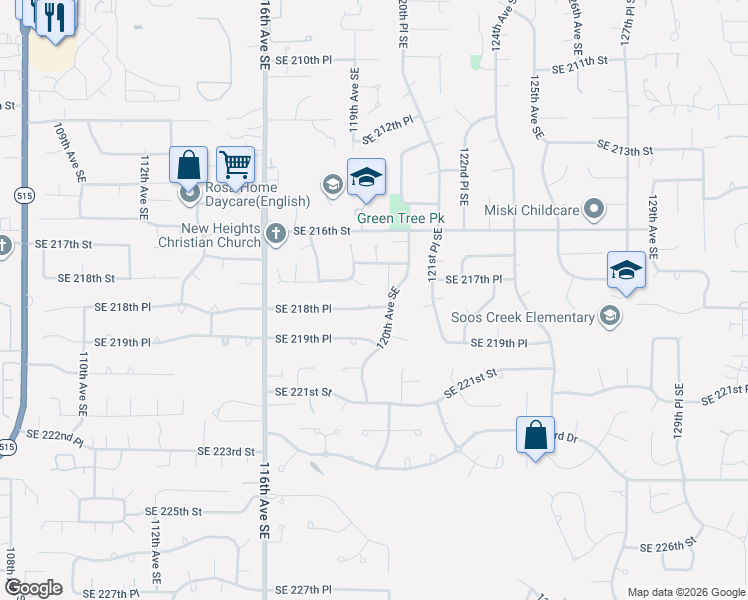 map of restaurants, bars, coffee shops, grocery stores, and more near 11839 Southeast 218th Place in Kent