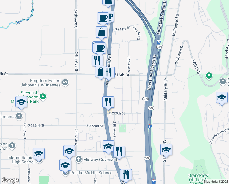 map of restaurants, bars, coffee shops, grocery stores, and more near 2872-2888 South 219th Street in Des Moines
