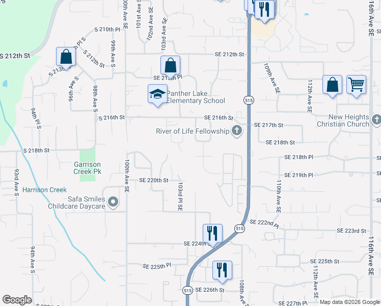map of restaurants, bars, coffee shops, grocery stores, and more near 10412 Southeast 219th Street in Kent