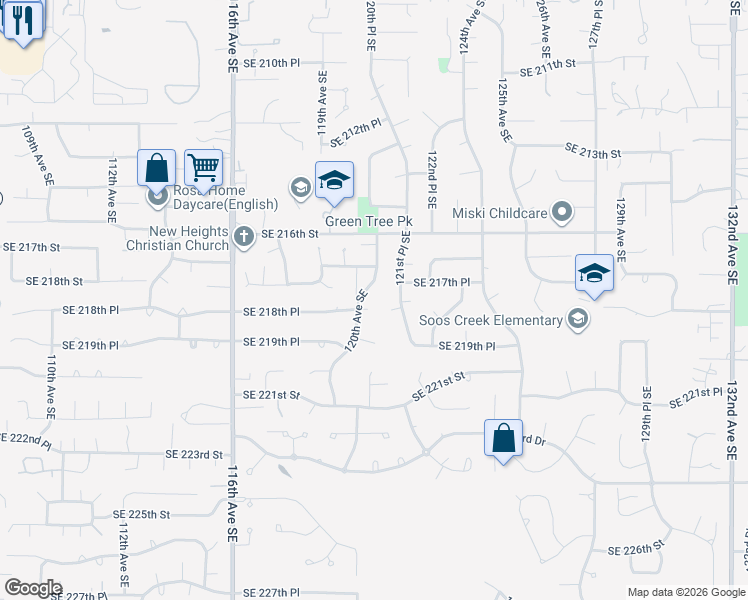map of restaurants, bars, coffee shops, grocery stores, and more near 12008 Southeast 218th Place in Kent