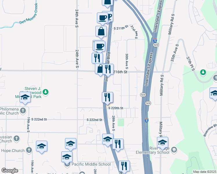 map of restaurants, bars, coffee shops, grocery stores, and more near 21800 Pacific Highway South in Des Moines