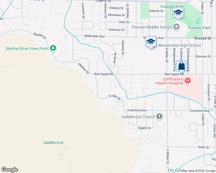 map of restaurants, bars, coffee shops, grocery stores, and more near 1317 South Hills Drive in Wenatchee