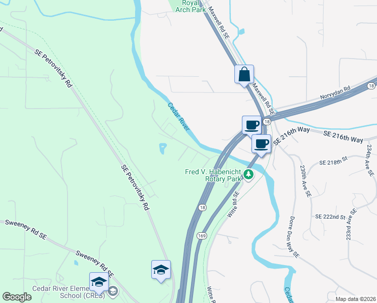 map of restaurants, bars, coffee shops, grocery stores, and more near 21804 222nd Place Southeast in Maple Valley