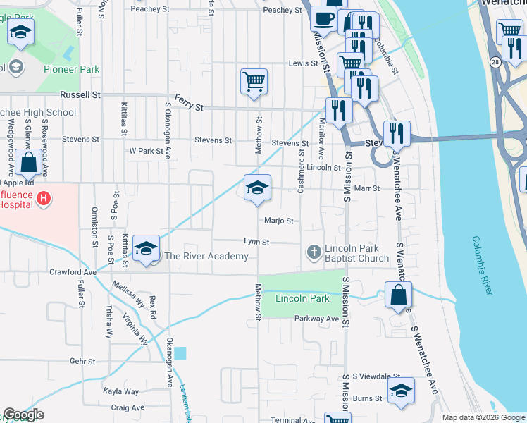 map of restaurants, bars, coffee shops, grocery stores, and more near 623a Marr Street in Wenatchee