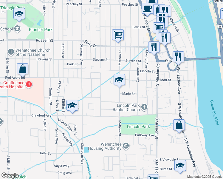 map of restaurants, bars, coffee shops, grocery stores, and more near 1200-1224 Methow Street in Wenatchee