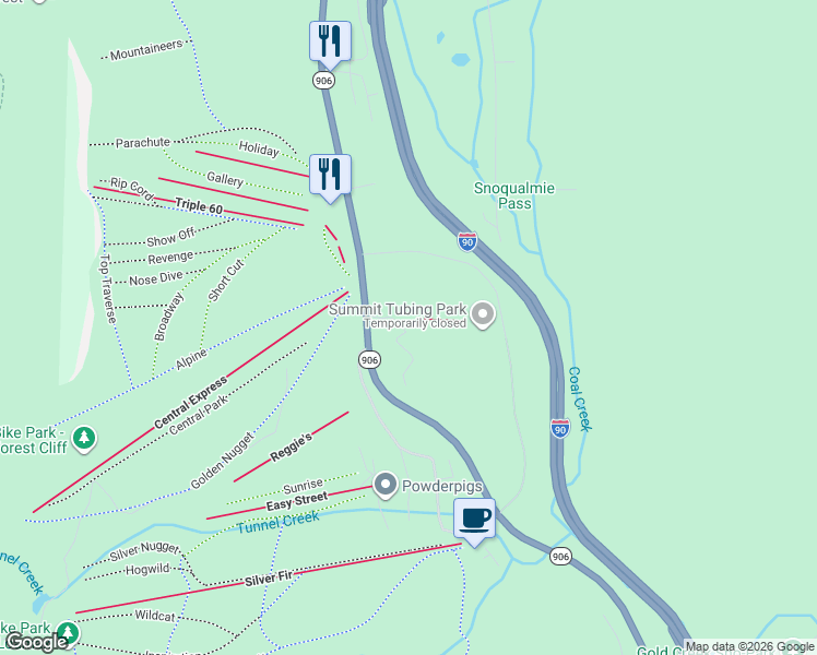 map of restaurants, bars, coffee shops, grocery stores, and more near 160 Southeast Snoqualmie Parkway in Snoqualmie Pass