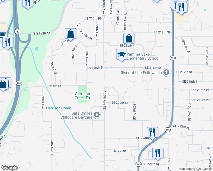 map of restaurants, bars, coffee shops, grocery stores, and more near 10022 Southeast 218th Place in Kent