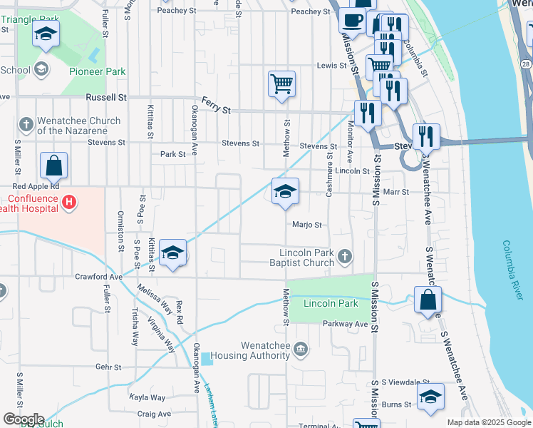 map of restaurants, bars, coffee shops, grocery stores, and more near 1224 Methow Street in Wenatchee