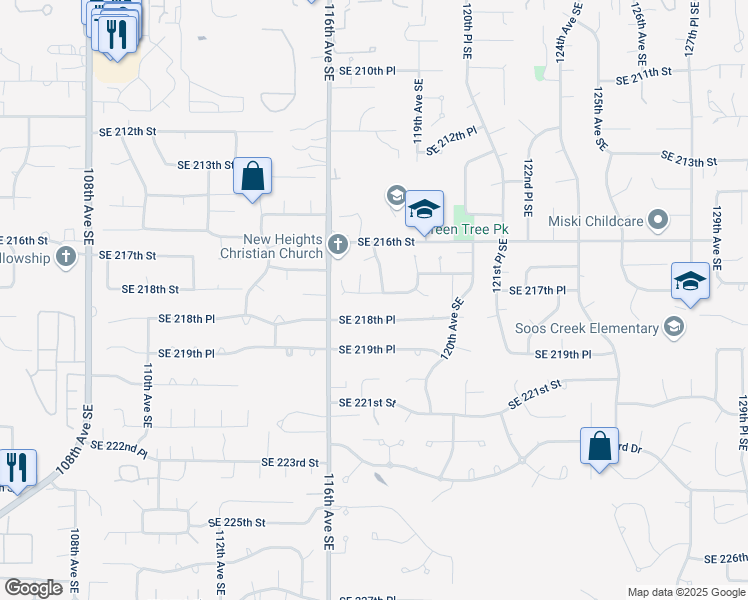 map of restaurants, bars, coffee shops, grocery stores, and more near 11670 Southeast 217th Place in Kent