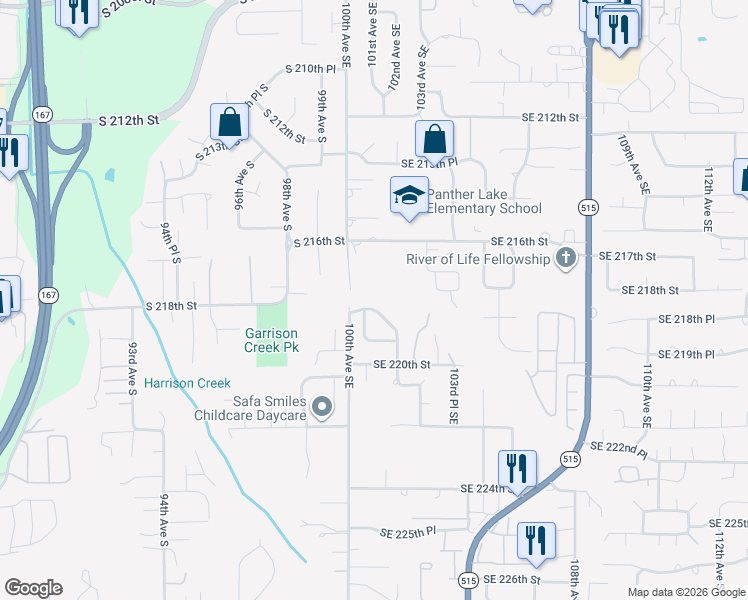 map of restaurants, bars, coffee shops, grocery stores, and more near 10022 Southeast 218th Place in Kent