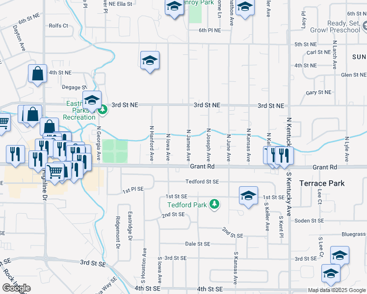 map of restaurants, bars, coffee shops, grocery stores, and more near 107 North Iowa Avenue in East Wenatchee