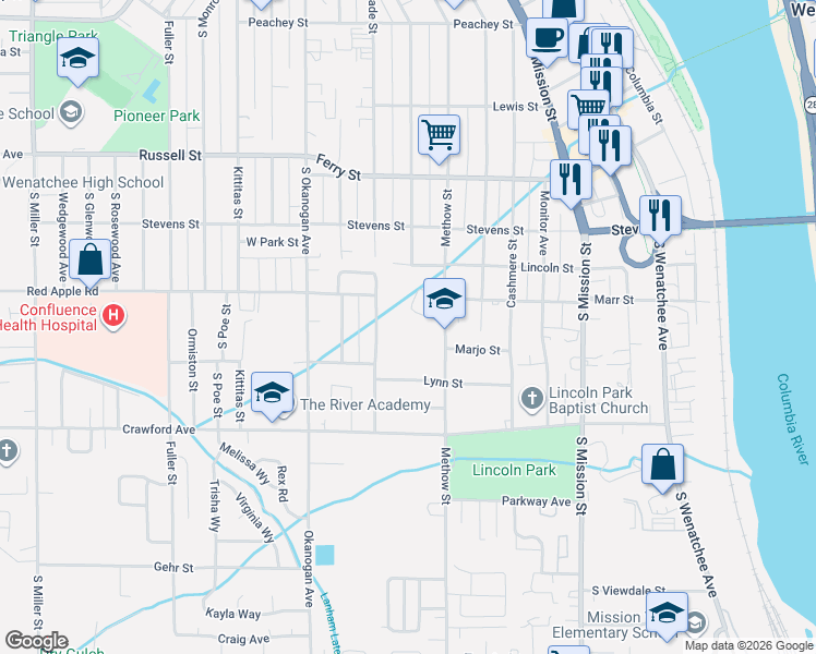 map of restaurants, bars, coffee shops, grocery stores, and more near 1201-1299 Cascade St in Wenatchee