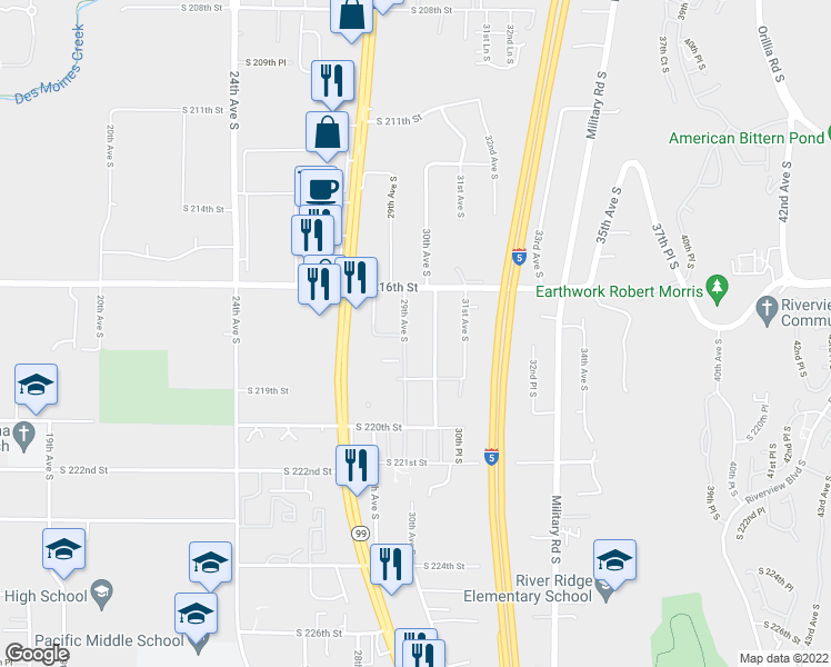 map of restaurants, bars, coffee shops, grocery stores, and more near 21623 30th Avenue South in Des Moines