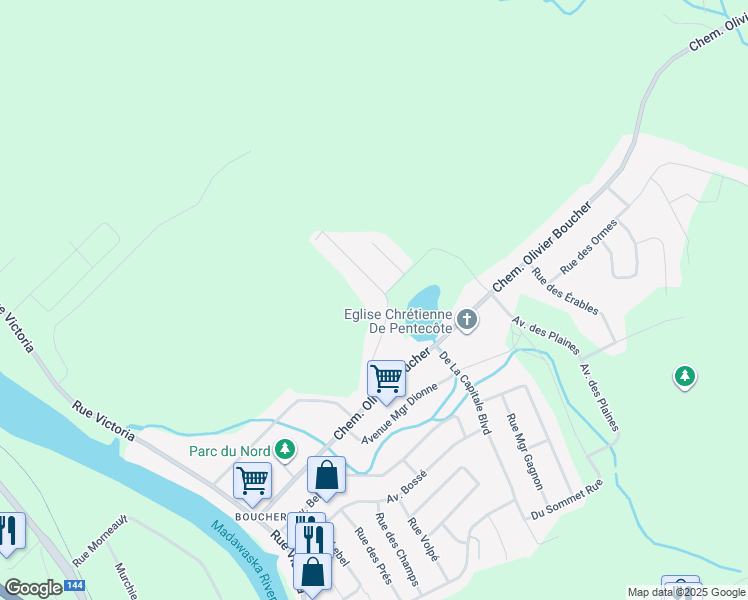 map of restaurants, bars, coffee shops, grocery stores, and more near 52 Rue Cardinal in Edmundston