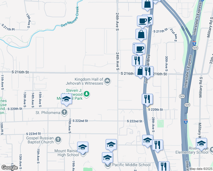 map of restaurants, bars, coffee shops, grocery stores, and more near 21645 24th Avenue South in Des Moines