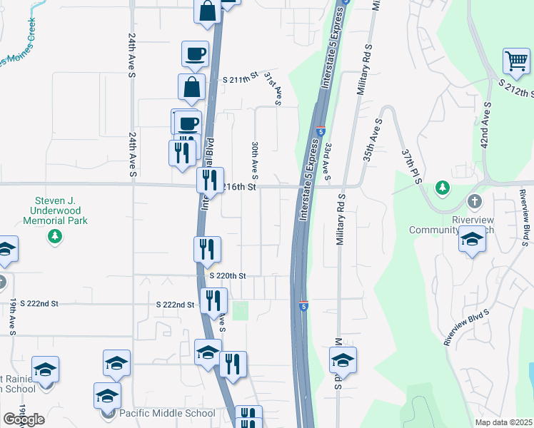 map of restaurants, bars, coffee shops, grocery stores, and more near 21623 30th Avenue South in Des Moines