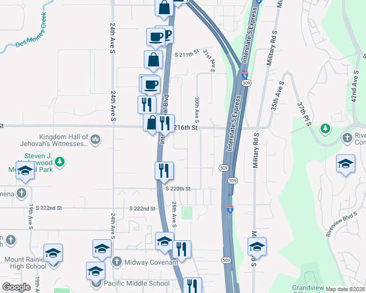 map of restaurants, bars, coffee shops, grocery stores, and more near 21625 29th Avenue South in Des Moines