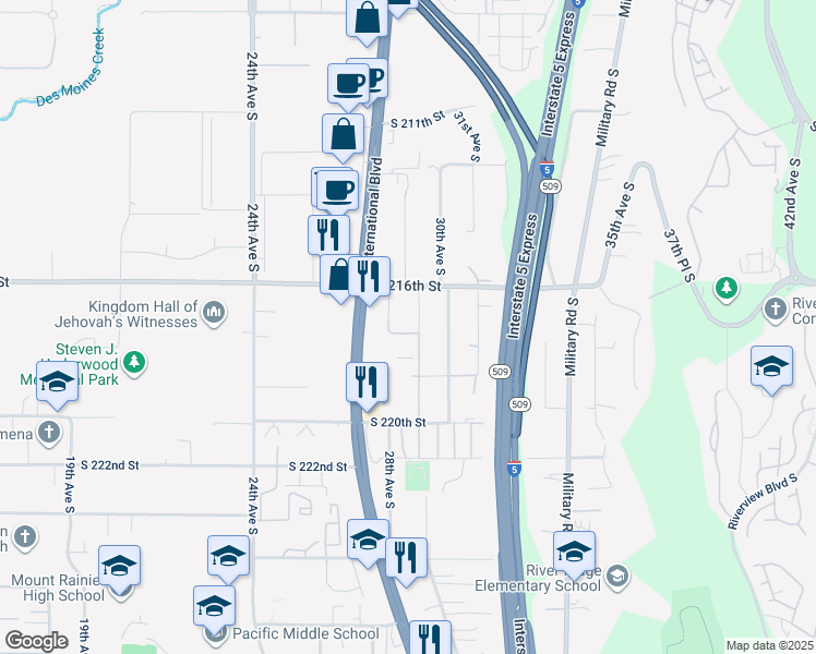 map of restaurants, bars, coffee shops, grocery stores, and more near 21639 29th Avenue South in Des Moines