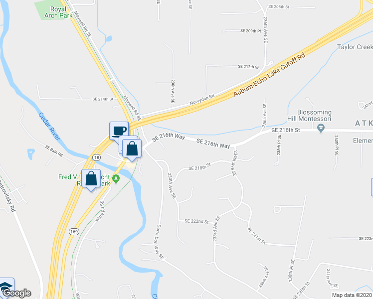 map of restaurants, bars, coffee shops, grocery stores, and more near 23015 Southeast 216th Way in Maple Valley