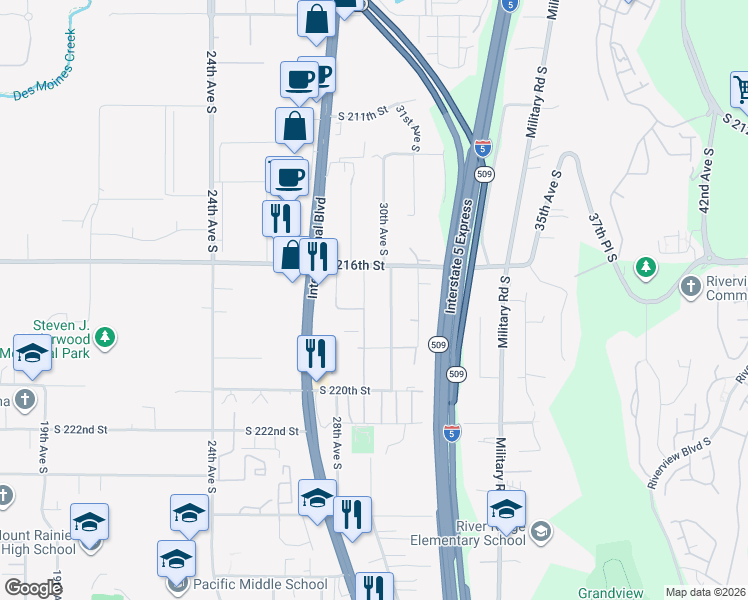 map of restaurants, bars, coffee shops, grocery stores, and more near 21623 30th Avenue South in Des Moines