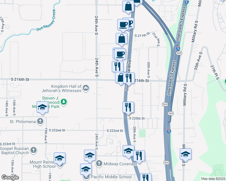map of restaurants, bars, coffee shops, grocery stores, and more near 2459 South 216th Street in Des Moines