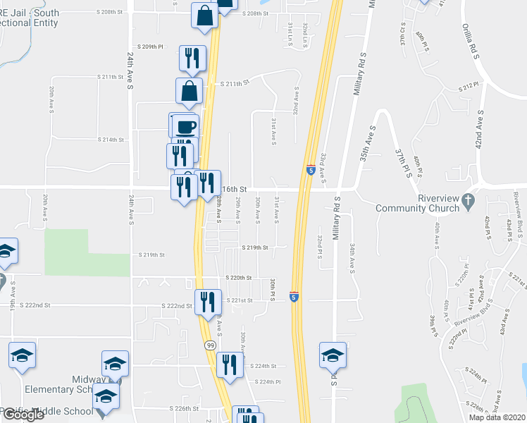 map of restaurants, bars, coffee shops, grocery stores, and more near 21623 30th Avenue South in Des Moines