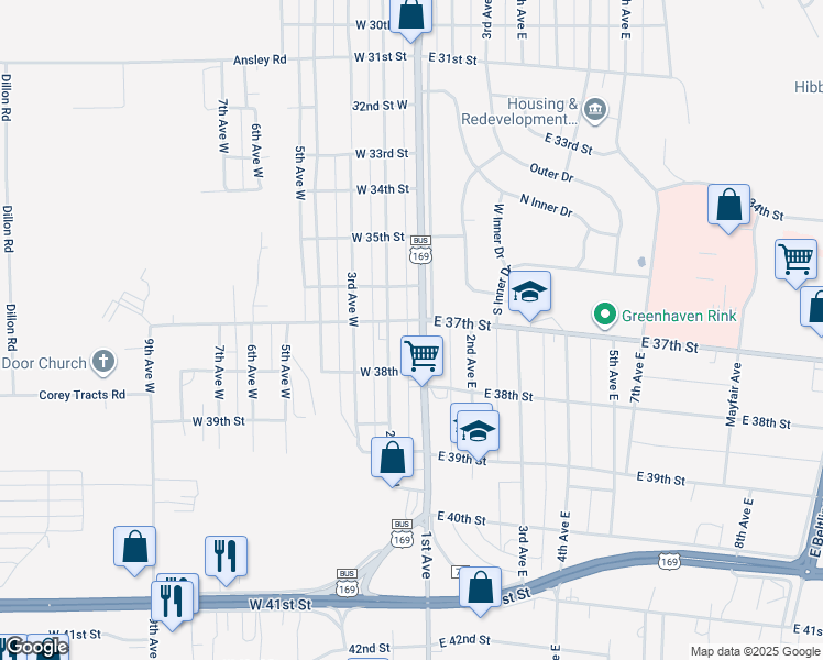 map of restaurants, bars, coffee shops, grocery stores, and more near 3701 1st Avenue in Hibbing