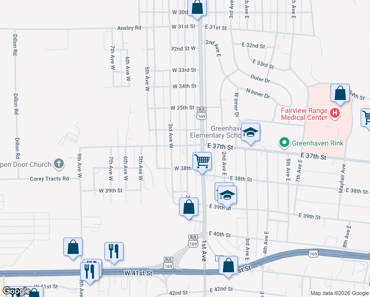 map of restaurants, bars, coffee shops, grocery stores, and more near 3701 2nd Avenue West in Hibbing