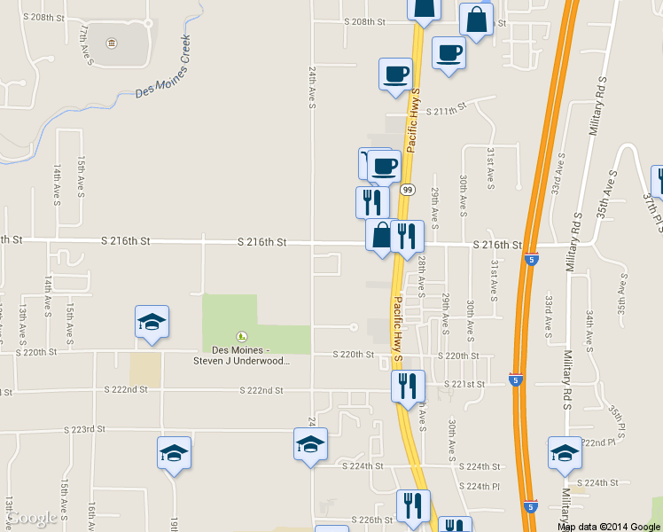 map of restaurants, bars, coffee shops, grocery stores, and more near 21612 24th Avenue South in Des Moines