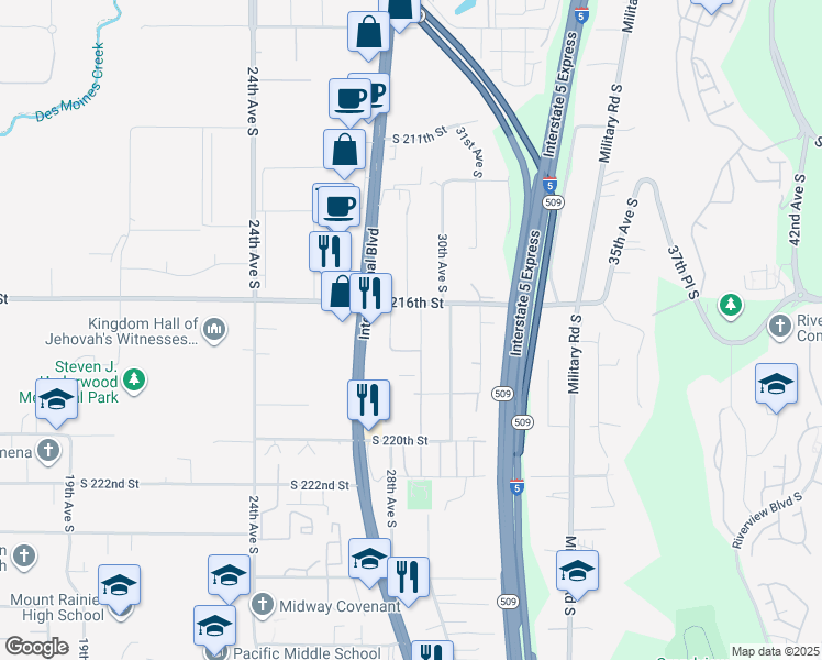 map of restaurants, bars, coffee shops, grocery stores, and more near 21625 29th Avenue South in Des Moines