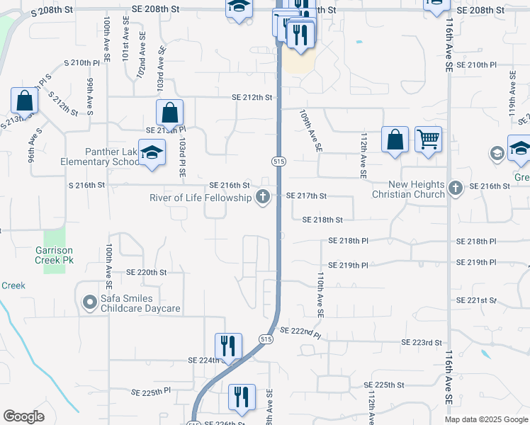 map of restaurants, bars, coffee shops, grocery stores, and more near 10615 Southeast 216th Street in Kent