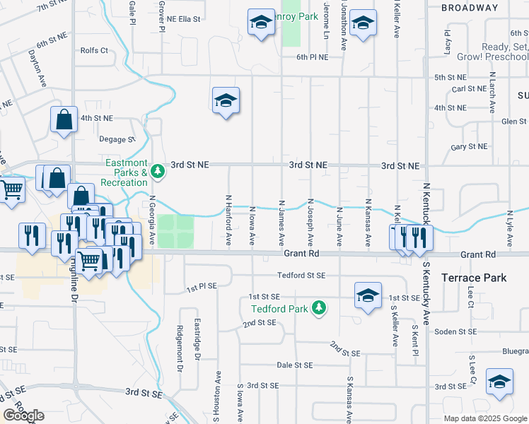 map of restaurants, bars, coffee shops, grocery stores, and more near 107 North Iowa Avenue in East Wenatchee