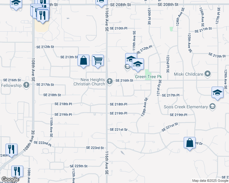 map of restaurants, bars, coffee shops, grocery stores, and more near 11670 Southeast 217th Place in Kent