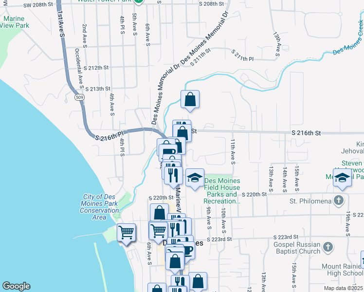 map of restaurants, bars, coffee shops, grocery stores, and more near 21632 Marine View Drive South in Des Moines