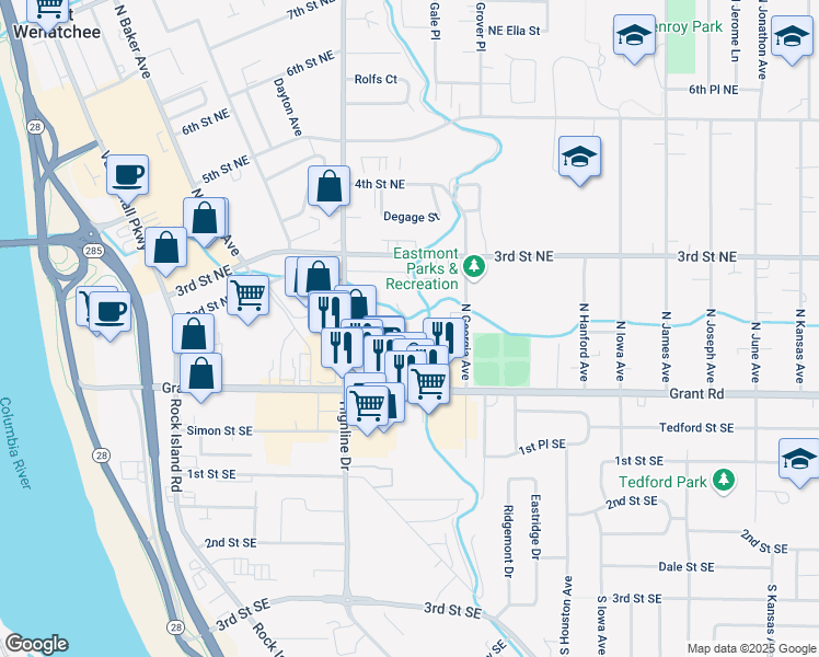 map of restaurants, bars, coffee shops, grocery stores, and more near 95 Eastmont Avenue in East Wenatchee