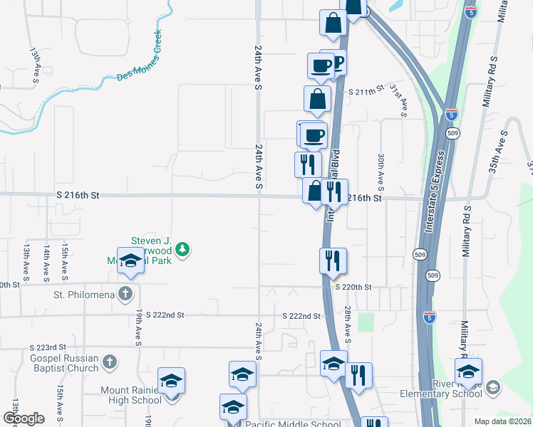 map of restaurants, bars, coffee shops, grocery stores, and more near 21612 24th Avenue South in Des Moines