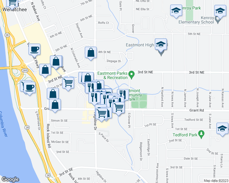 map of restaurants, bars, coffee shops, grocery stores, and more near 95 Eastmont Avenue in East Wenatchee