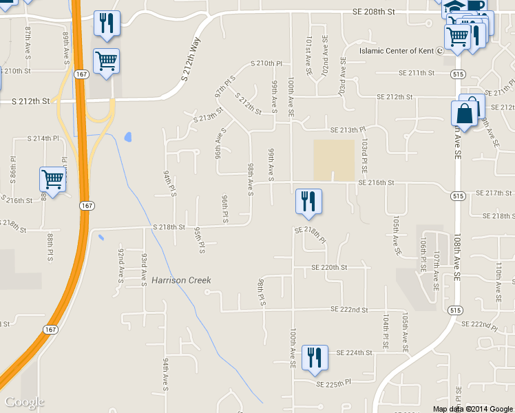 map of restaurants, bars, coffee shops, grocery stores, and more near 21636 98th Ave S in Kent