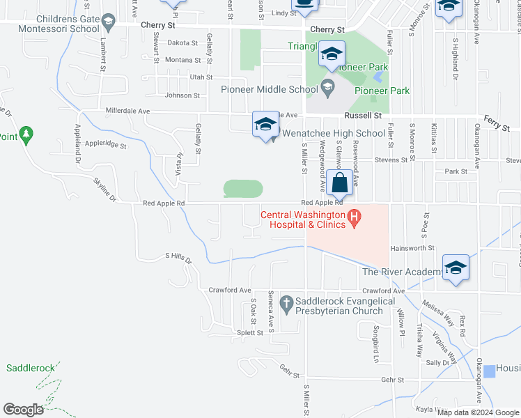map of restaurants, bars, coffee shops, grocery stores, and more near 1085 Red Apple Road in Wenatchee