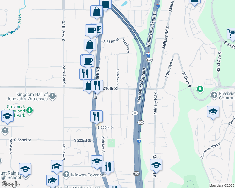 map of restaurants, bars, coffee shops, grocery stores, and more near 21623 30th Avenue South in Des Moines
