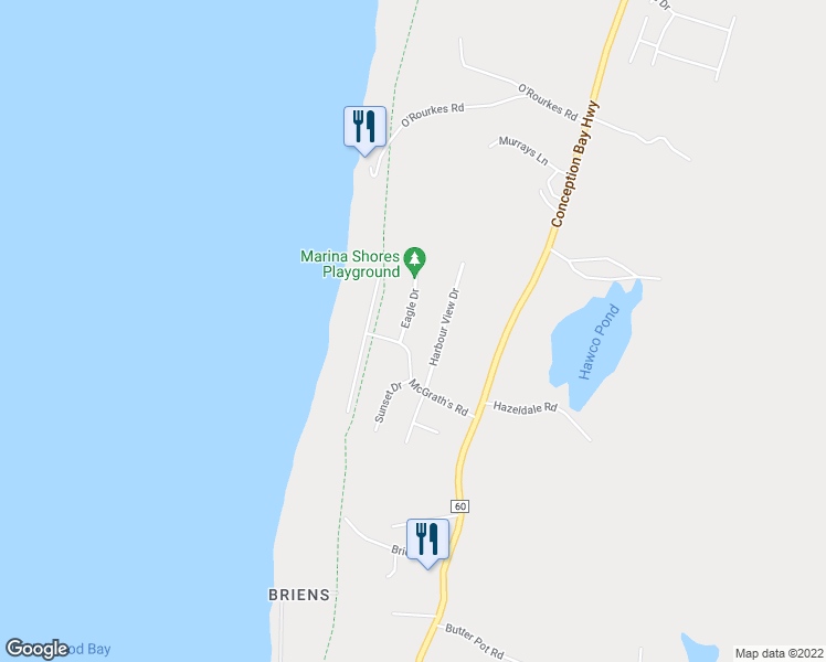 map of restaurants, bars, coffee shops, grocery stores, and more near 12 Harbour View Drive in Holyrood