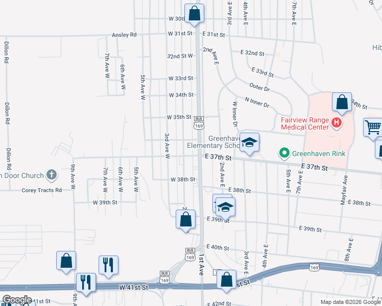map of restaurants, bars, coffee shops, grocery stores, and more near 3701 2nd Avenue West in Hibbing
