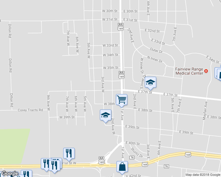 map of restaurants, bars, coffee shops, grocery stores, and more near 3701 2nd Avenue West in Hibbing