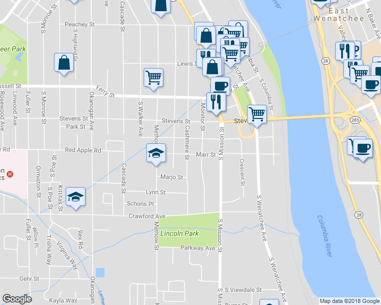 map of restaurants, bars, coffee shops, grocery stores, and more near 1121 Cashmere Street in Wenatchee