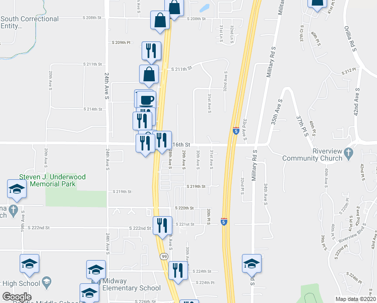 map of restaurants, bars, coffee shops, grocery stores, and more near 21623 30th Avenue South in Des Moines