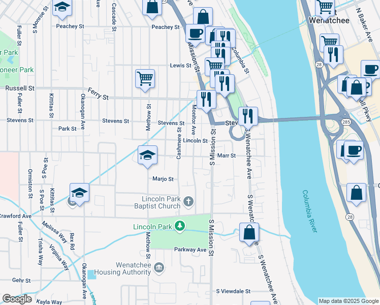 map of restaurants, bars, coffee shops, grocery stores, and more near 1201 Monitor Street in Wenatchee