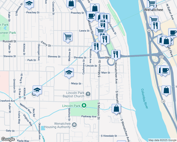 map of restaurants, bars, coffee shops, grocery stores, and more near 1201 Monitor Street in Wenatchee