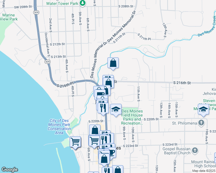 map of restaurants, bars, coffee shops, grocery stores, and more near 21632 Marine View Drive South in Des Moines