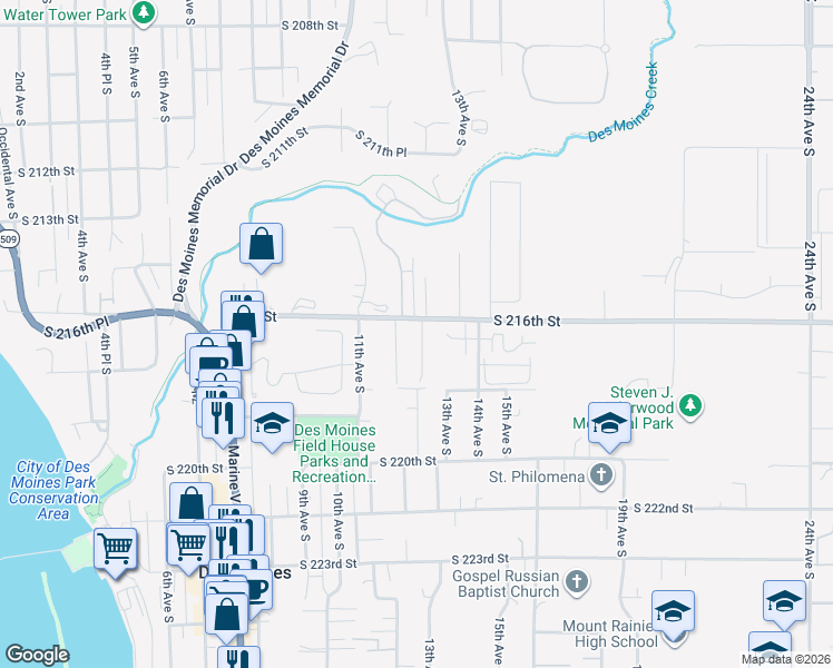 map of restaurants, bars, coffee shops, grocery stores, and more near 1145 South 216th Street in Des Moines