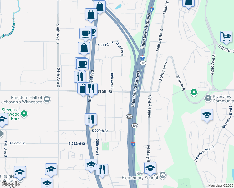 map of restaurants, bars, coffee shops, grocery stores, and more near 21623 30th Avenue South in Des Moines